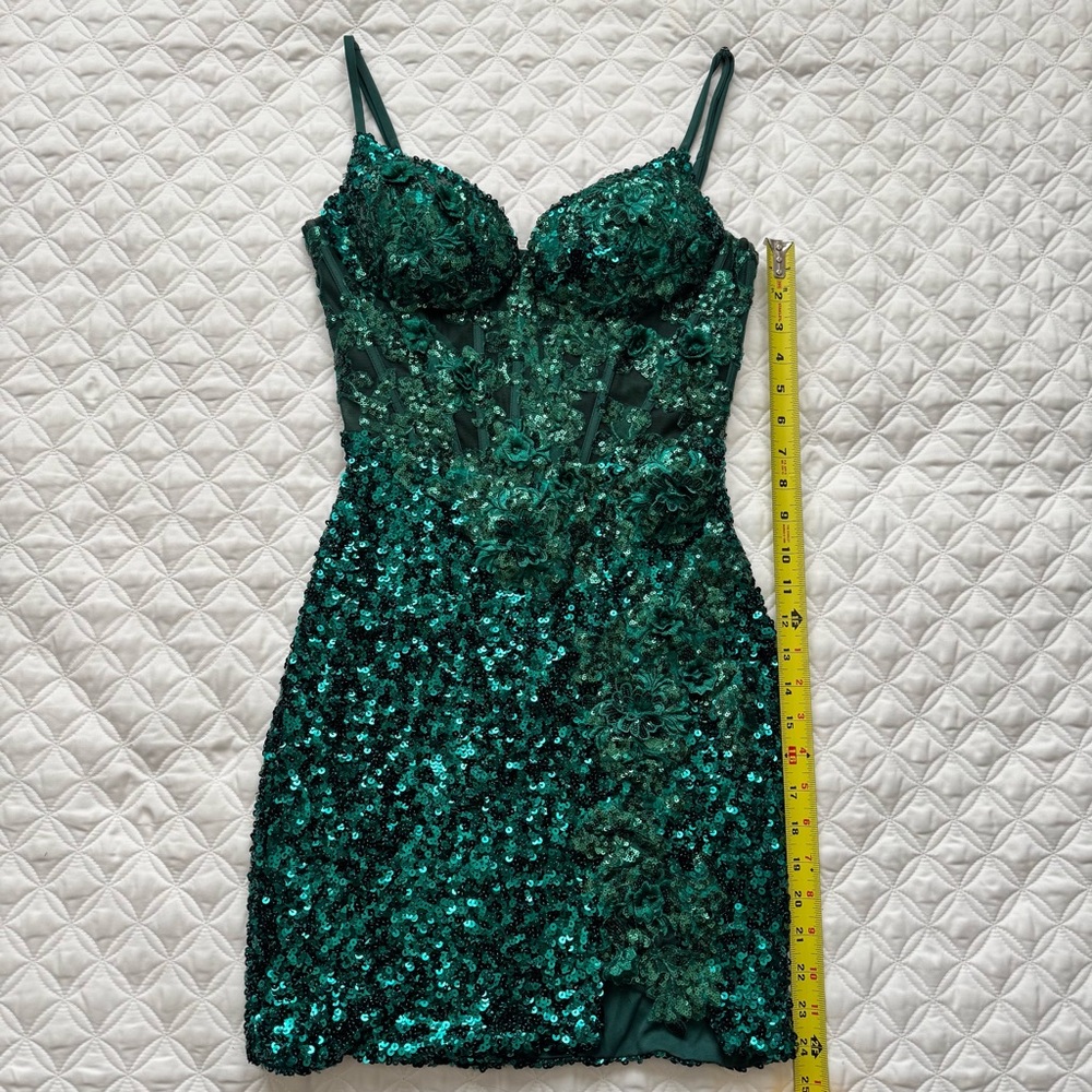 STACEES Dark Green Floral Sheer Corset Sequin Mini Spaghetti Strap Dress Sz 2 - Picture 7 of 16